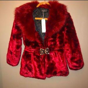 Jenniferm Red Faux Fur Jacket with Gold Tone Buckle